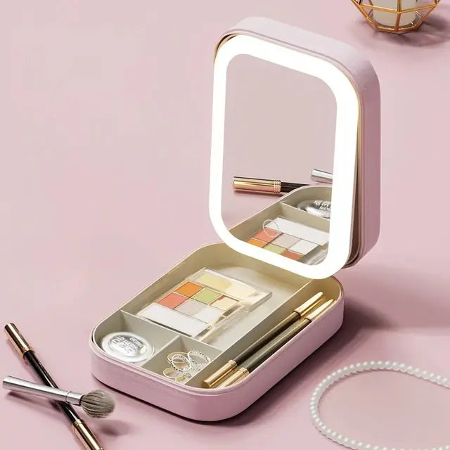 Caja de almacenamiento de maquillaje con espejo LED