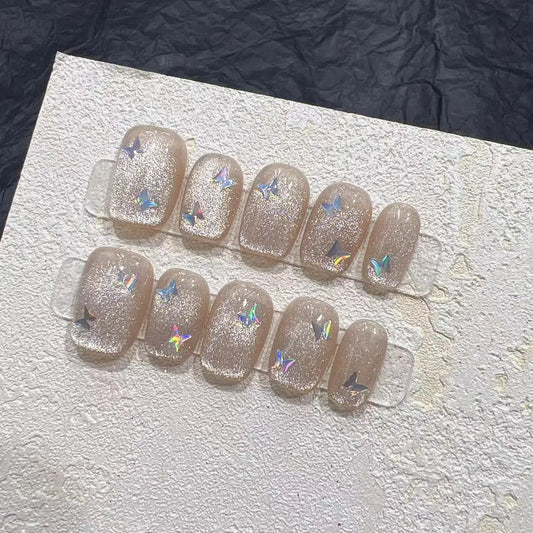 10 Uds. De uñas postizas con acabado artístico, mariposa, ojo de gato, cristal, hecho a mano
