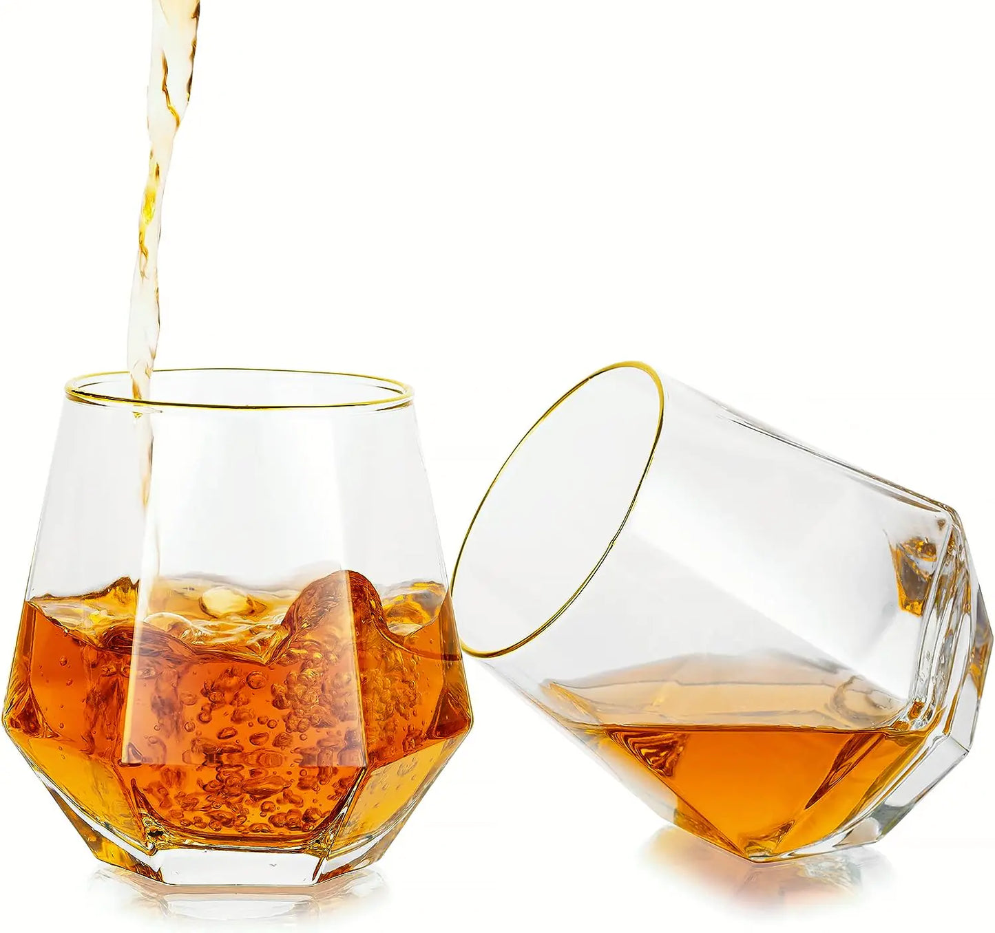 Juego de 2 vasos de whisky con borde dorado y forma de diamante