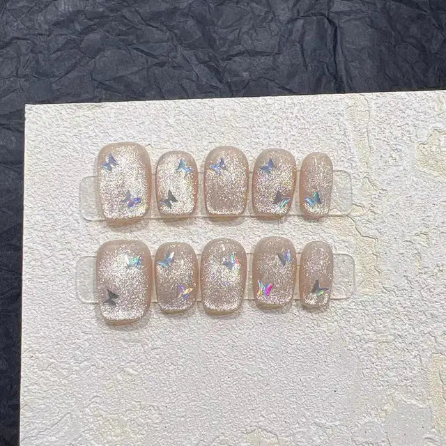 10 Uds. De uñas postizas con acabado artístico, mariposa, ojo de gato, cristal, hecho a mano