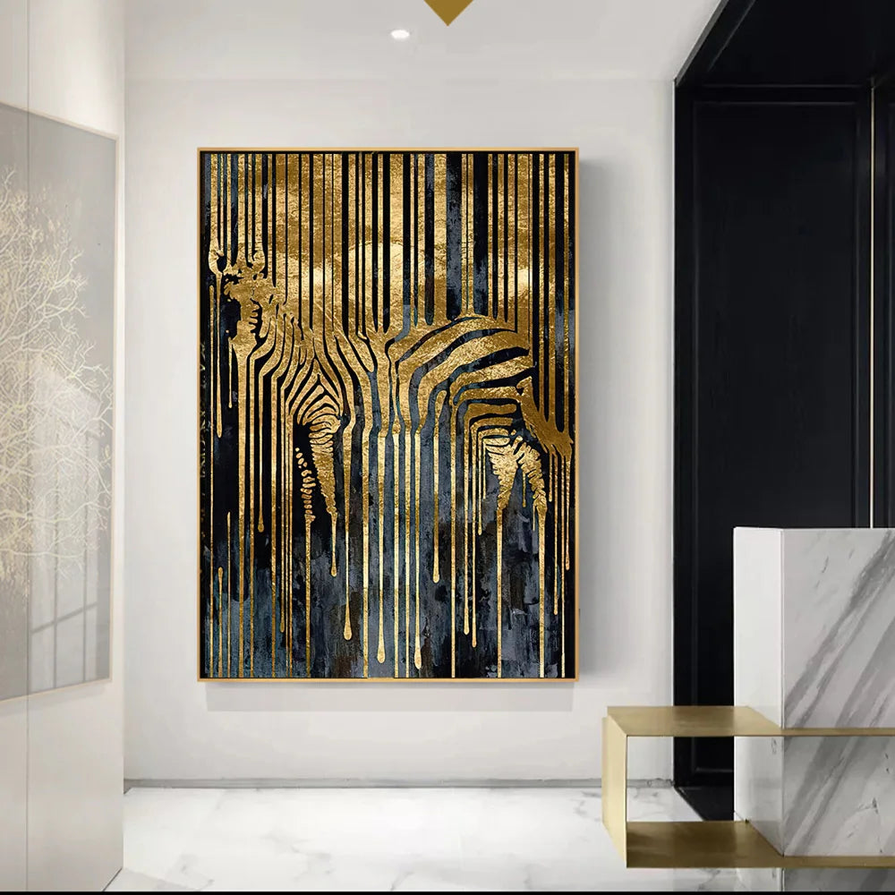 Pinturas abstractas en lienzo de cebra dorada
