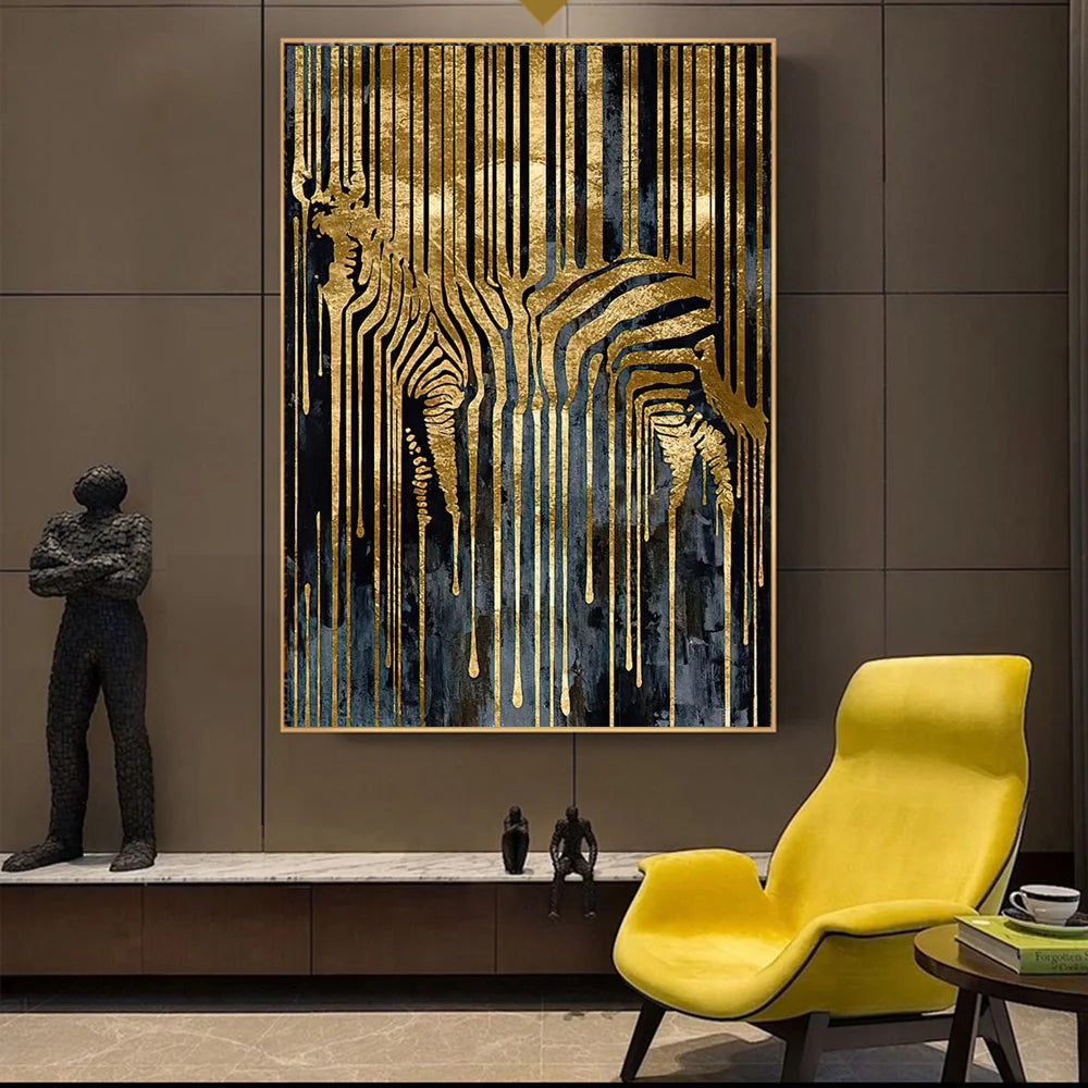 Pinturas abstractas en lienzo de cebra dorada
