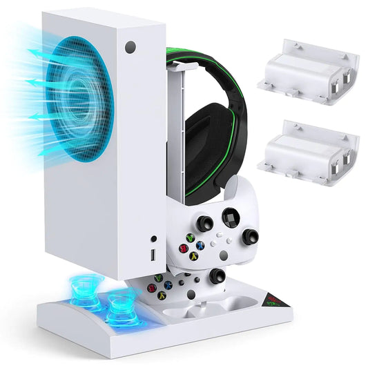 Soporte de cargador con ventilador de refrigeración para consola y controlador Xbox Series S, accesorios de base de carga dual vertical con 2 baterías recargables de 1400 Mah y cubierta, soporte para auriculares para XSS