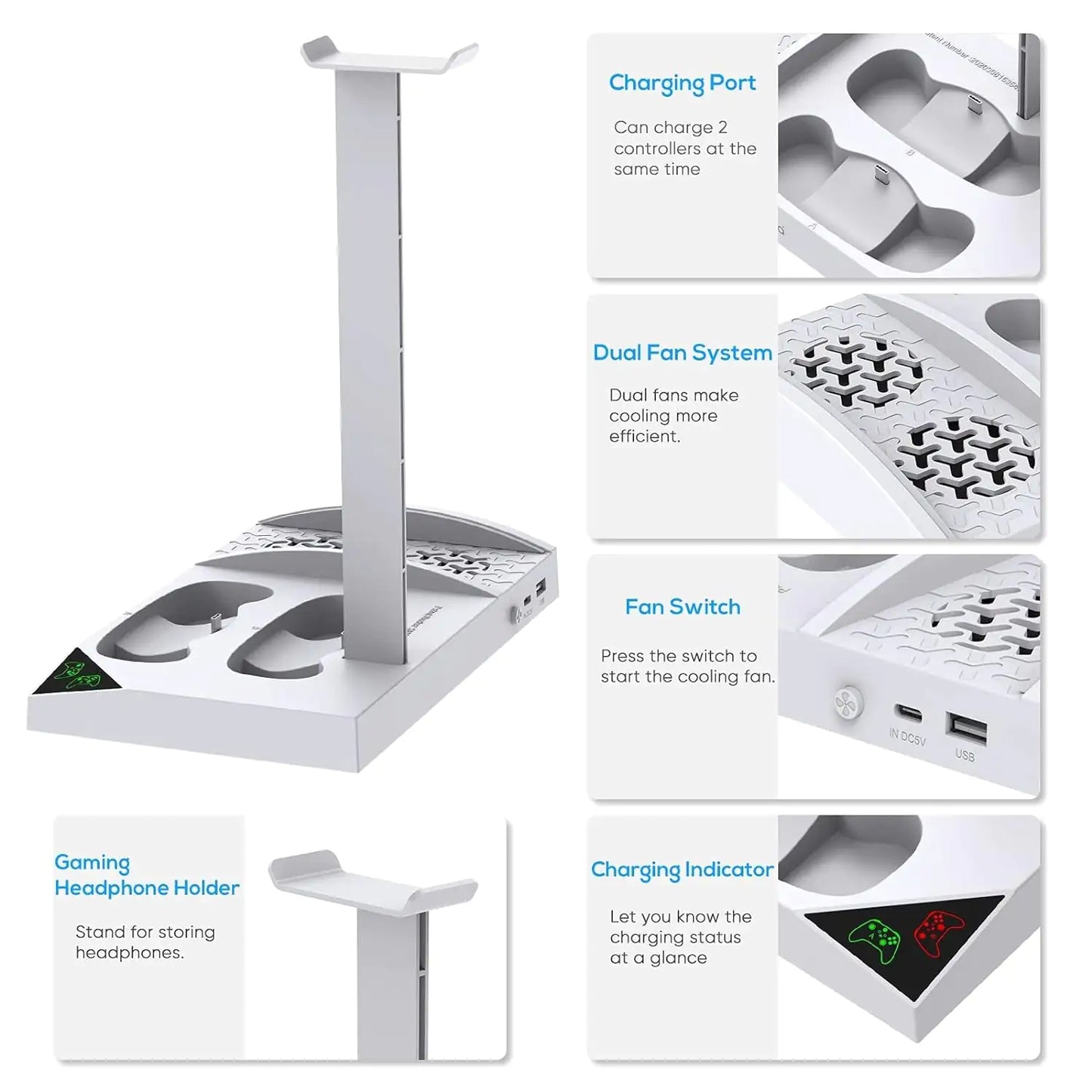 Soporte de cargador con ventilador de refrigeración para consola y controlador Xbox Series S, accesorios de base de carga dual vertical con 2 baterías recargables de 1400 Mah y cubierta, soporte para auriculares para XSS