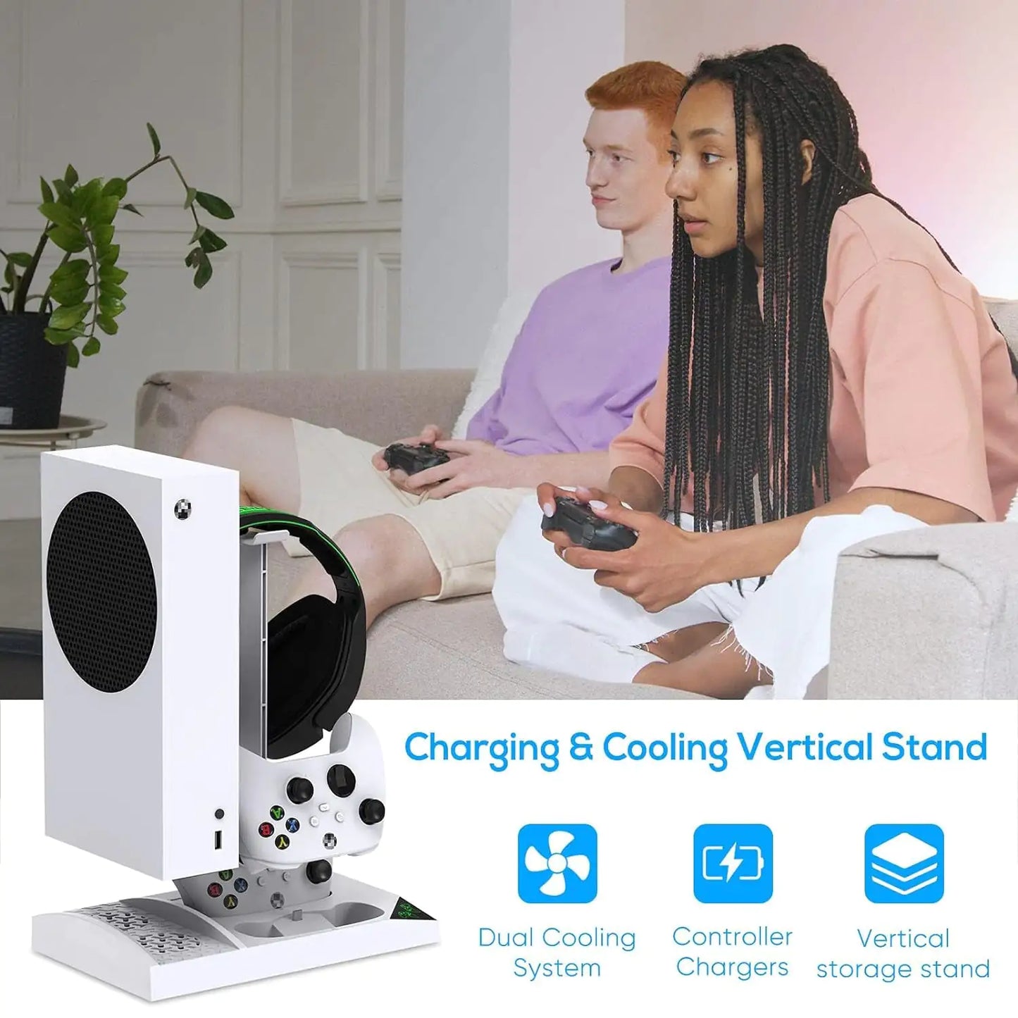 Soporte de cargador con ventilador de refrigeración para consola y controlador Xbox Series S, accesorios de base de carga dual vertical con 2 baterías recargables de 1400 Mah y cubierta, soporte para auriculares para XSS