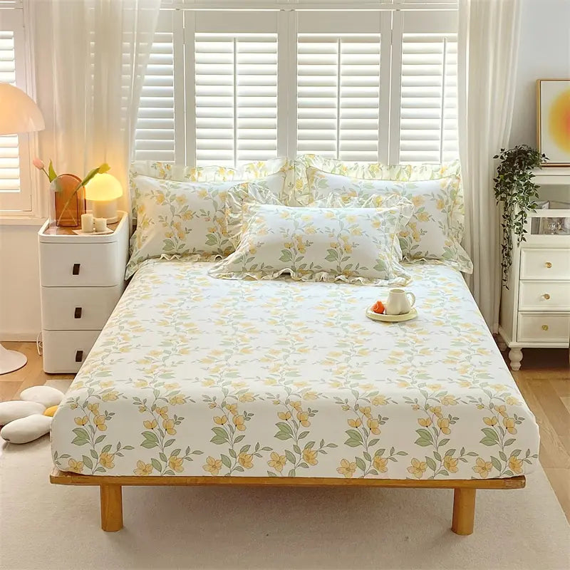 Fitted Sheet Floral Flower Printed Bed Cover