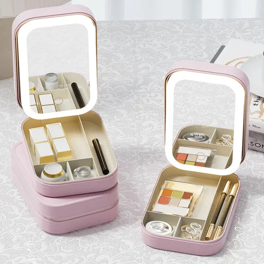 Caja de almacenamiento de maquillaje con espejo LED